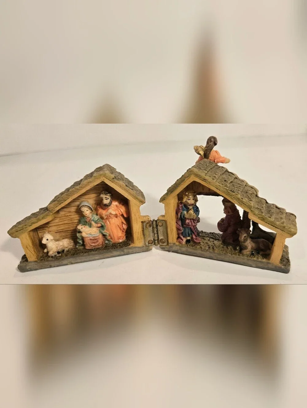Vintage Resin Christmas Nativity Scene Small Folding Hinged Manger Holy Family